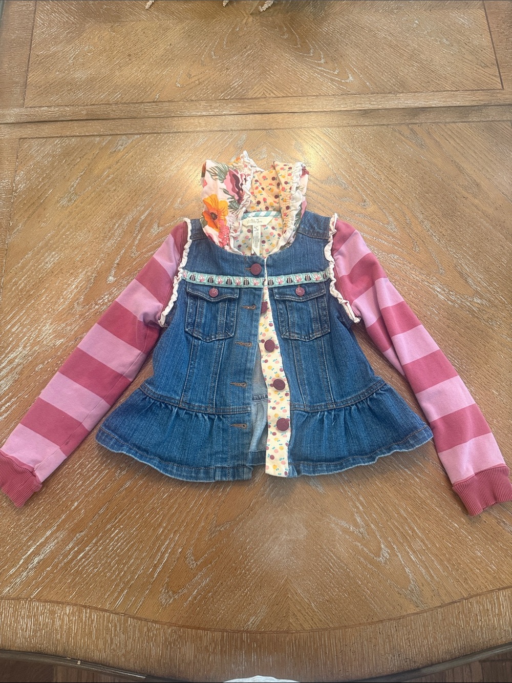 Matilda Jane Denim Jacket with Pink Striped Sleeves and Floral Trim